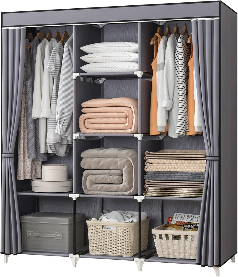 KEKIWE Portable Closet, 51 Inch Wardrobe Closet for Hanging Clothes with 2 Hanging Rods, 8 Storage Organizer Shelves for Bedroom, Durable and Easy to Assemble, Grey - Image 1